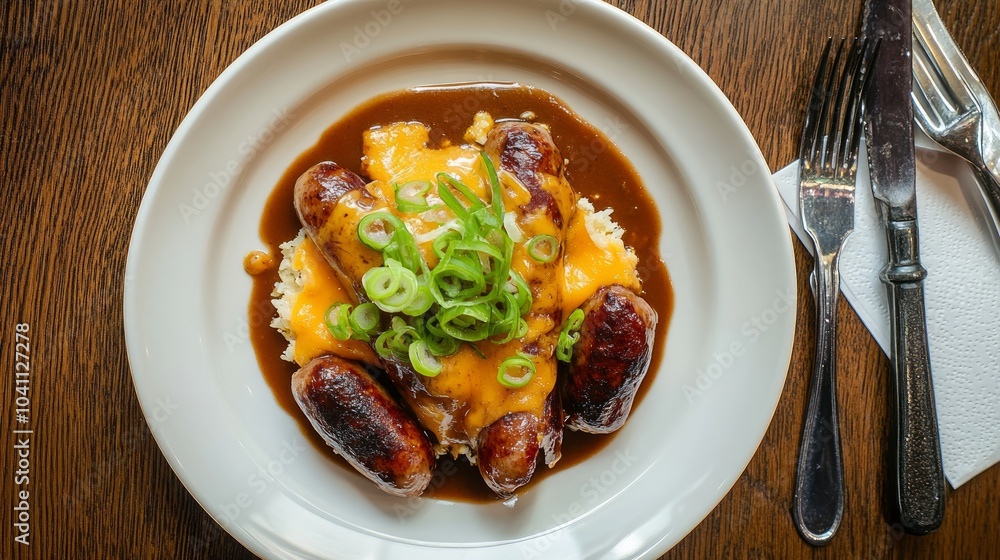 A white plate filled with three sausages, mashed potatoes, gravy and cheese with green onions on top. A white plate filled with three sausages, mashed potatoes, gravy and cheese with green onions on top.