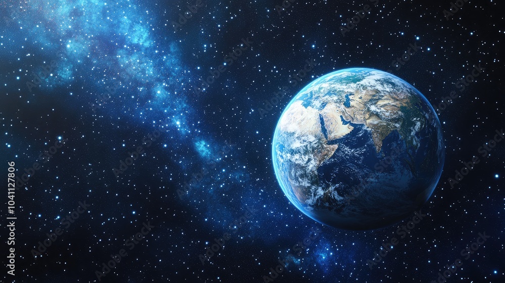 Panoramic view of Earth stars and galaxy in 3D cartoon rendering Planet Earth as seen from space in a space fantasy theme Panoramic view of Earth stars and galaxy in 3D cartoon rendering Planet Earth as seen from space in a space fantasy theme
