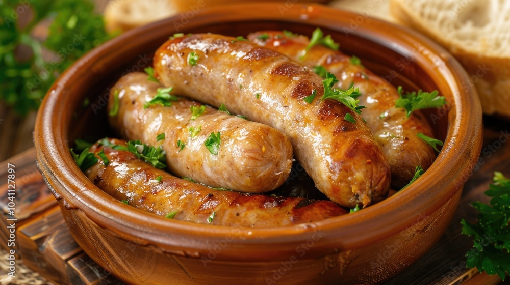 A warm, inviting bowl filled with juicy sausages and crusty bread, perfect for a casual meal or snack A warm, inviting bowl filled with juicy sausages and crusty bread, perfect for a casual meal or snack