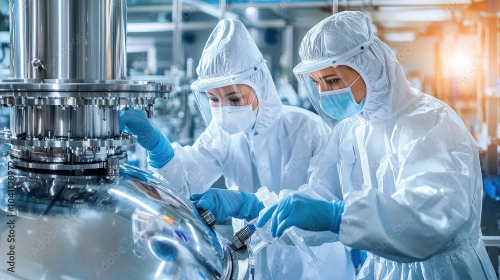 16102242 01 Factory workers dressed in protective gear operating machinery in a cleanroom environment for pharmaceutical production 16102242 01 Factory workers dressed in protective gear operating machinery in a cleanroom environment for pharmaceutical production