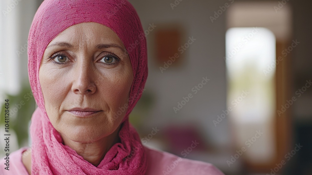 A older woman with cancer, wearing a pink scarf, looks directly into the camera Breast Cancer support A older woman with cancer, wearing a pink scarf, looks directly into the camera Breast Cancer support