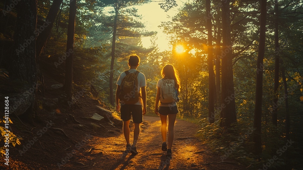 silhouette of friends walking in the woods with morning light silhouette of friends walking in the woods with morning light