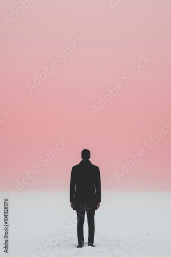 Silhouette of a Person Standing in a Snowy Field with a Pink Sky