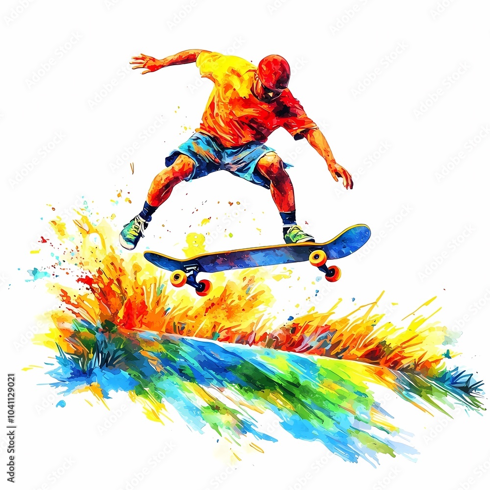 Dynamic Watercolor Skateboard Athlete in Action Dynamic Watercolor Skateboard Athlete in Action
