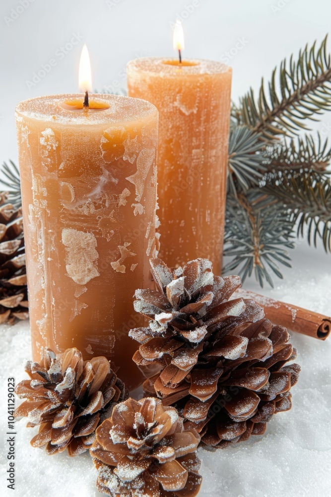 A pair of candles sit on snowy ground, providing warm light in winter scene A pair of candles sit on snowy ground, providing warm light in winter scene