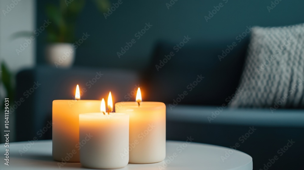 A serene setup featuring three glowing candles on a table, adding warmth to a modern living space with a cozy ambiance. A serene setup featuring three glowing candles on a table, adding warmth to a modern living space with a cozy ambiance.