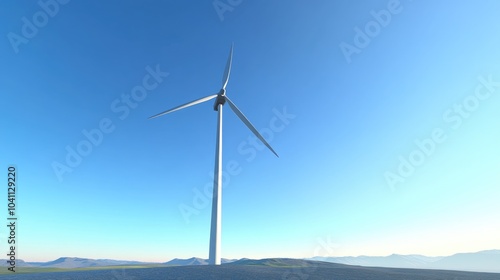 A 3D illustration of a wind turbine producing electricity against a clear blue sky