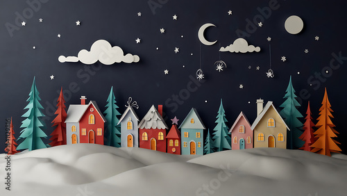 winter christmas houses composition in paper cut style merry