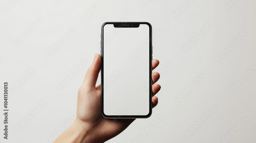 Close up of a smartphone held in a hand displaying a blank white screen against a white background Close up of a smartphone held in a hand displaying a blank white screen against a white background