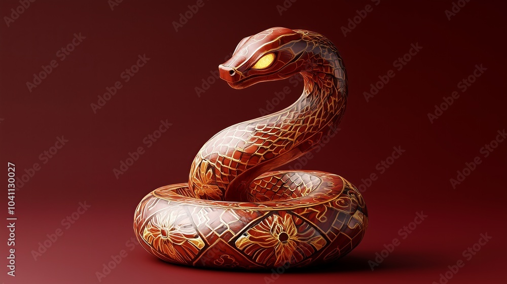 Obraz premium Intricately Painted Snake Sculpture with Glowing Eyes, Ornate Red and Gold Serpent, Symbol of Power and Protection, Decorative Fantasy Art, Mystical Feng Shui Guardian, Mythical Reptile
