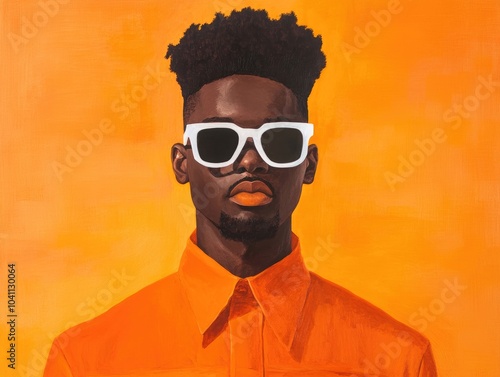 A fashionable young man of African descent wearing an orange jacket poses with a pair of glasses in front of an orange backdrop photo