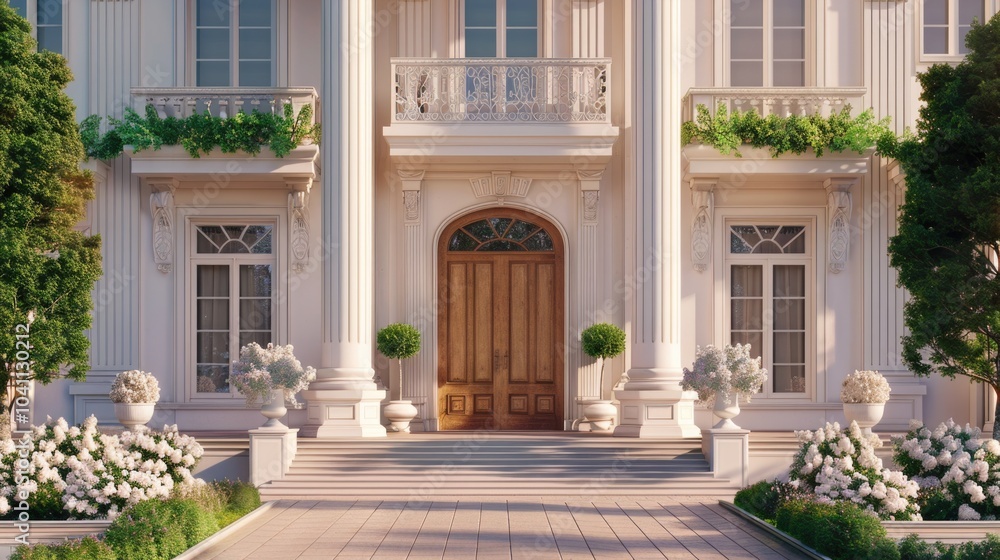 A classic white house with a wooden front door and no other visible details A classic white house with a wooden front door and no other visible details