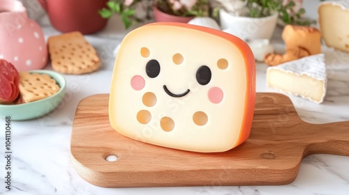 Maasdam style cheese with holes displayed on a wooden board