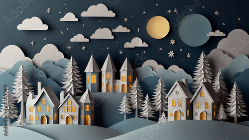 winter christmas houses composition in paper cut style merry