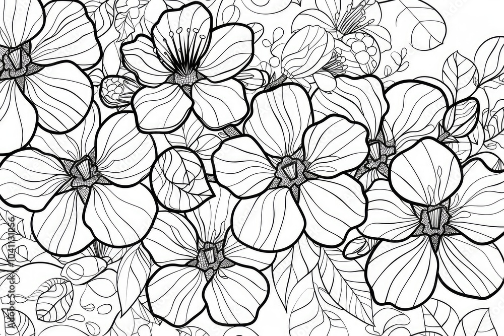 Coloring book illustration of blooming plum blossoms in vibrant colors Coloring book illustration of blooming plum blossoms in vibrant colors