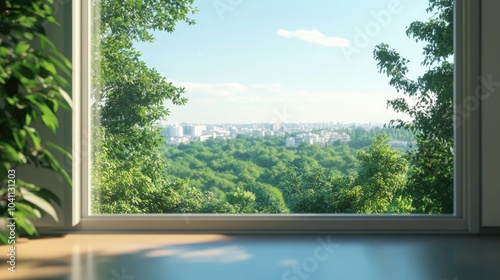 3D rendering of an apartment window with a view of a lush green forest and clear blue sky