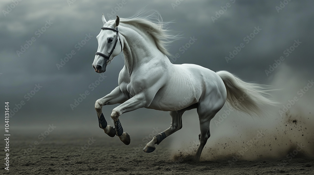 A white horse gallops on a sandy surface against a dark sky, showcasing strength and speed A white horse gallops on a sandy surface against a dark sky, showcasing strength and speed