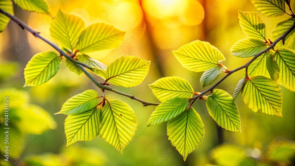 Fototapeta premium A Delicate Branch of New Spring Leaves Basking in the Warm Glow of the Setting Sun