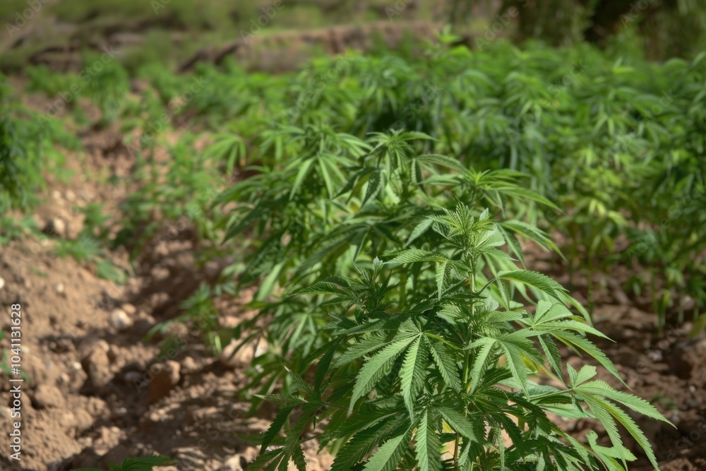 A field of marijuana plants growing in the dirt, great for illustrations about cannabis cultivation or hemp farming A field of marijuana plants growing in the dirt, great for illustrations about cannabis cultivation or hemp farming