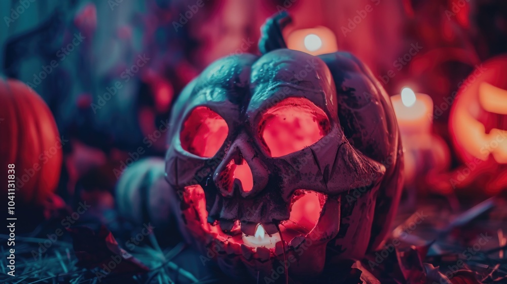 Naklejka premium A close-up view of a jack-o'-lantern with a glowing face, perfect for Halloween decorations or spooky atmosphere