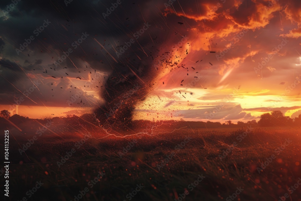 A dramatic view of a tornado cloud looming over a field at sunset, with warm colors and ominous skies A dramatic view of a tornado cloud looming over a field at sunset, with warm colors and ominous skies