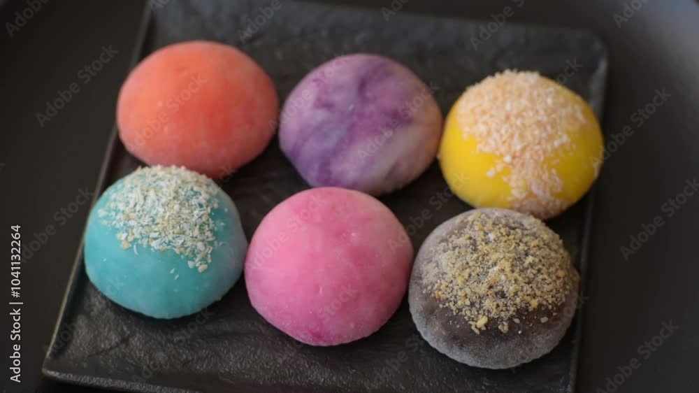 Delicious colorful asian mochi sweets with rice dough shell and fruit filling on dark concrete background Delicious colorful asian mochi sweets with rice dough shell and fruit filling on dark concrete background