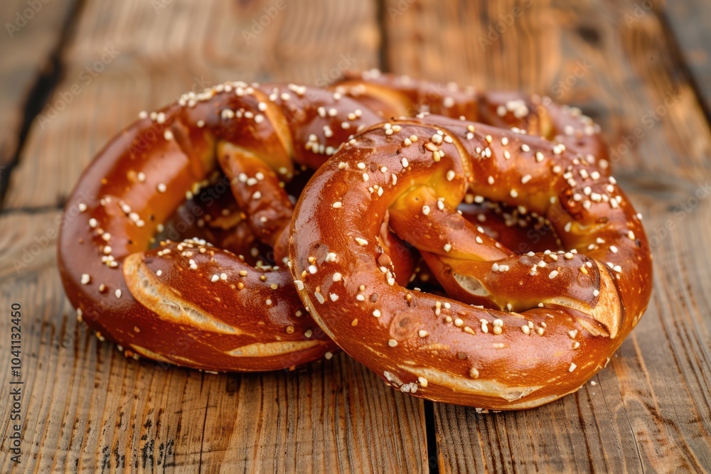 A pair of soft pretzels sit atop a wooden table, ready to be enjoyed A pair of soft pretzels sit atop a wooden table, ready to be enjoyed