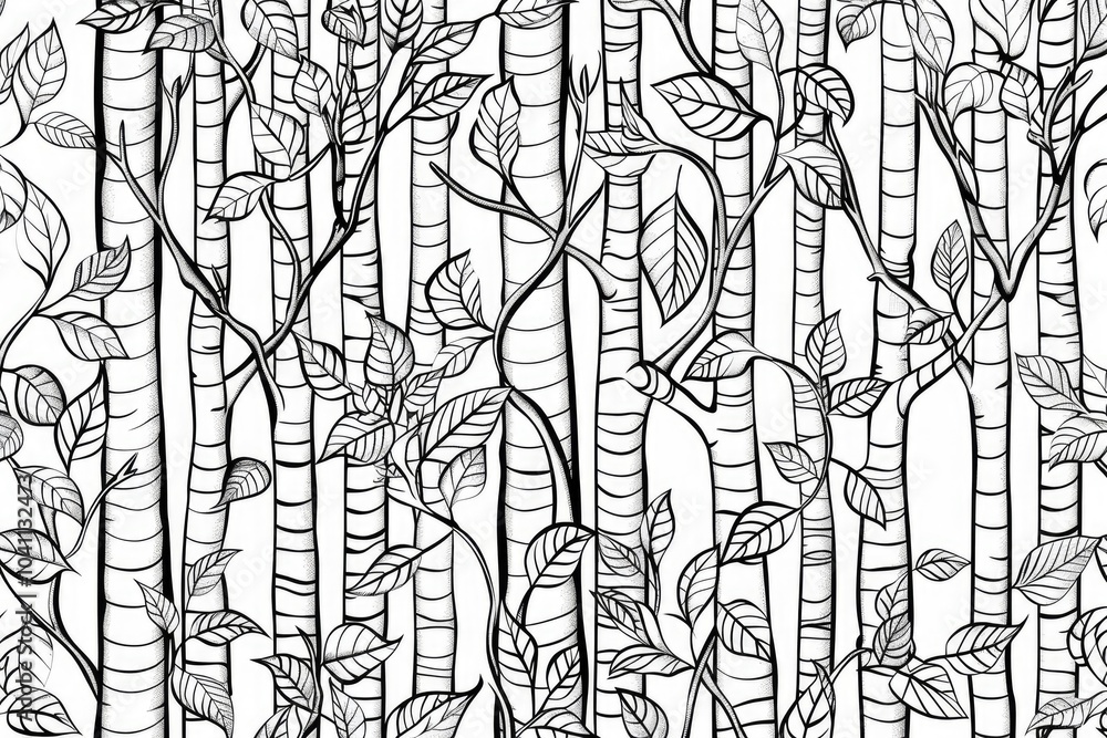 Coloring book illustration of vibrant leaves branches and trunks of trees in a woodland setting Natural impressionism style Coloring book illustration of vibrant leaves branches and trunks of trees in a woodland setting Natural impressionism style