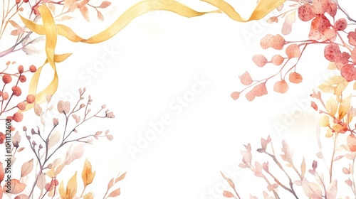 Decorative frame and wreath made of soft potpourri and branches featuring a watercolor illustration in sketch style Border adorned with a yellow ribbon and empty space for text set against a white
