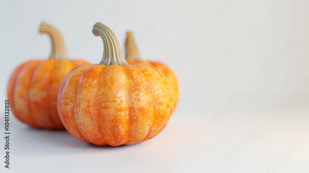 Three small orange pumpkins arranged on a white surface Three small orange pumpkins arranged on a white surface