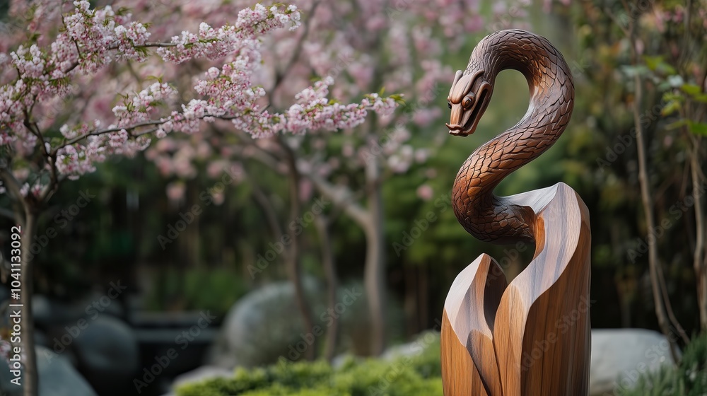 Wooden Snake Sculpture in Serene Japanese Garden with Cherry Blossoms, Nature-Themed Decor, Outdoor Art Installation, Tranquil Zen Garden, Spring Blossom Landscape, Meditation and Serenity Scene Wooden Snake Sculpture in Serene Japanese Garden with Cherry Blossoms, Nature-Themed Decor, Outdoor Art Installation, Tranquil Zen Garden, Spring Blossom Landscape, Meditation and Serenity Scene