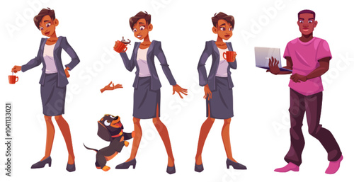 Cartoon vector illustration of businesswoman in various poses holding red cup with coffee, interacting with dog, and man with laptop. Business characters dressed in professional and casual outfits.