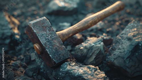 A hammer resting on top of a rock pile, suitable for use as a symbol or icon