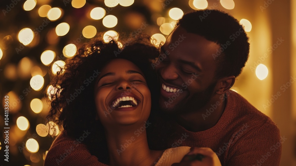Joyful Couple Laughing Together in Warm Decorated Setting Joyful Couple Laughing Together in Warm Decorated Setting