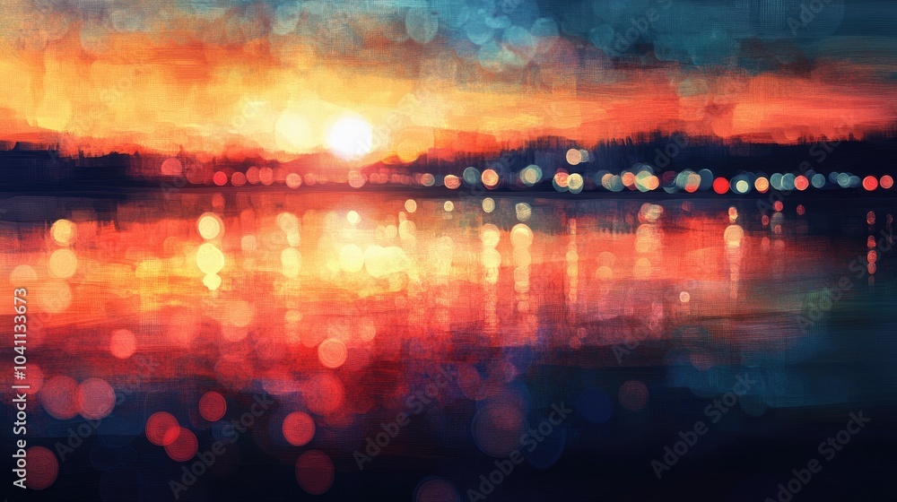Fototapeta premium Abstract oil painting featuring a sunset colored bokeh effect creating a vibrant shoreline atmosphere