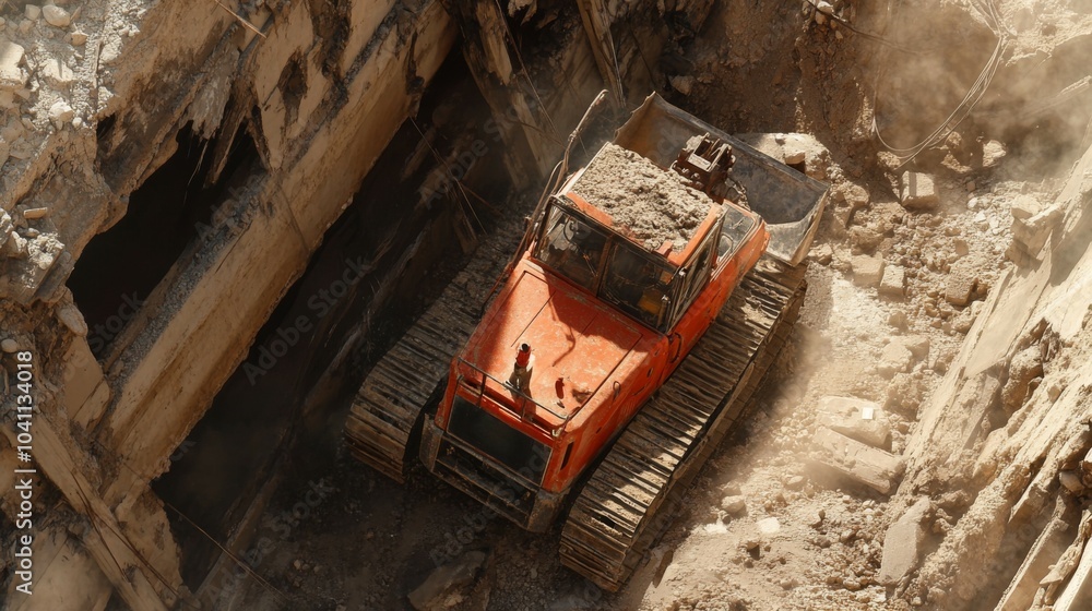 Red Caterpillar Excavator Demolishing a Building Red Caterpillar Excavator Demolishing a Building