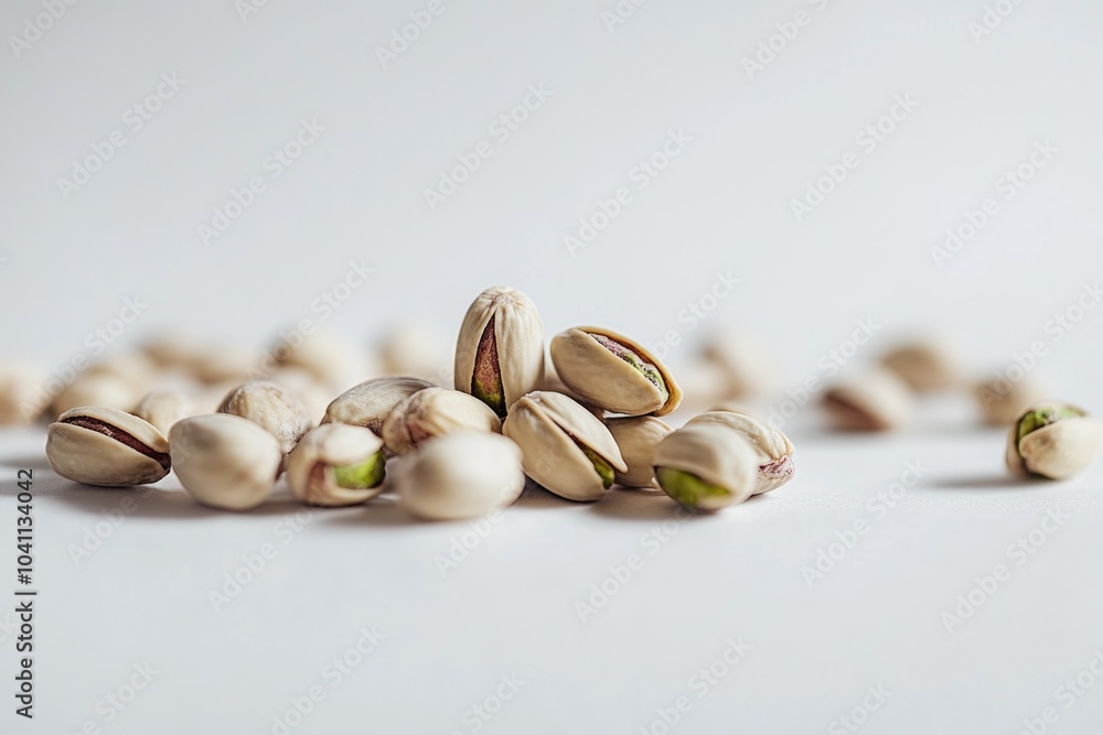 A heap of pistachios on a white background, perfect for food or still life photography A heap of pistachios on a white background, perfect for food or still life photography
