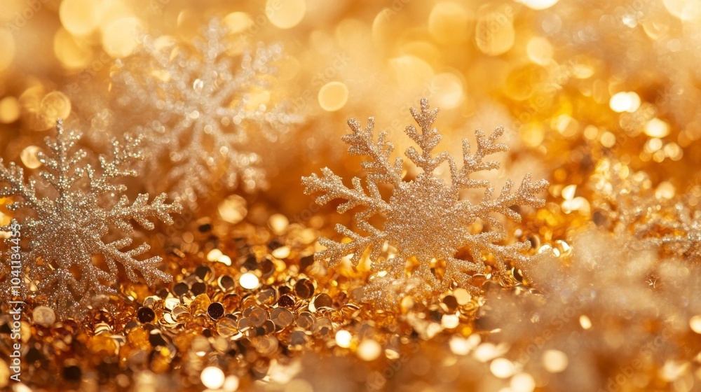 Delicate Snowflakes Fluttering on Golden Background Delicate Snowflakes Fluttering on Golden Background