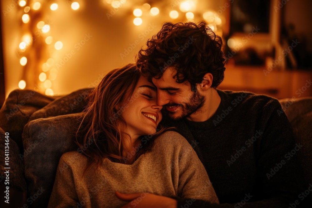 A man and a woman sitting together on a couch, comfortable and relaxed A man and a woman sitting together on a couch, comfortable and relaxed
