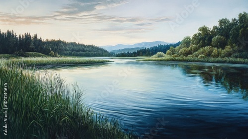 Oil painting depicting a serene landscape featuring water rivers and elements of nature