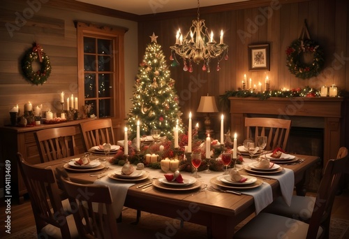 Wallpaper Mural A cozy and festive Christmas dining room with a large wooden table set for a holiday meal. Torontodigital.ca
