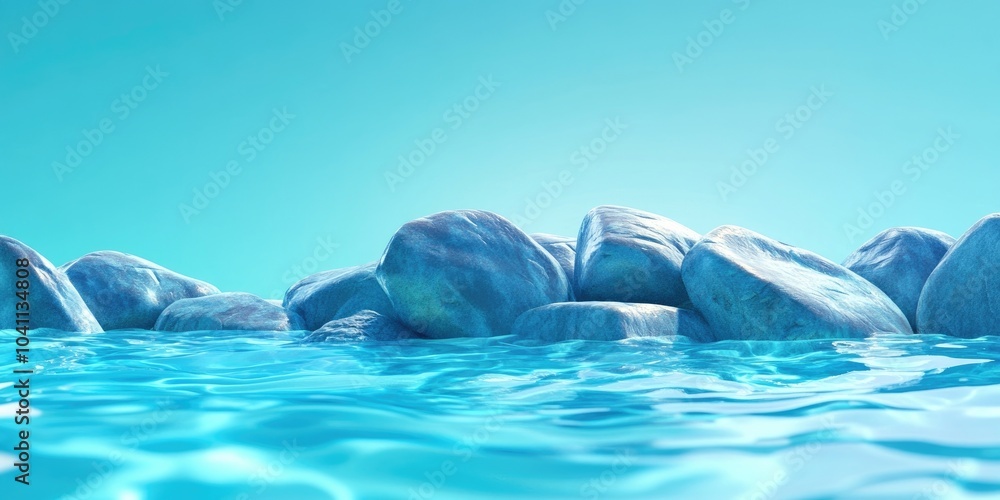 Fototapeta premium Wet stones on a beach with turquoise waters, Smooth stones on a shoreline with clear blue water