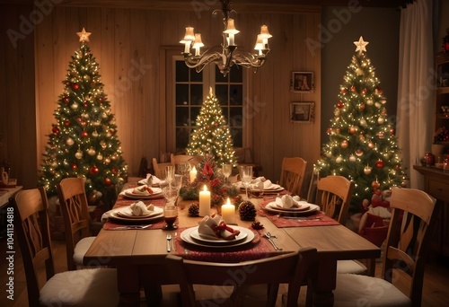 Wallpaper Mural A cozy and festive Christmas dining room with a large wooden table set for a holiday meal. Torontodigital.ca