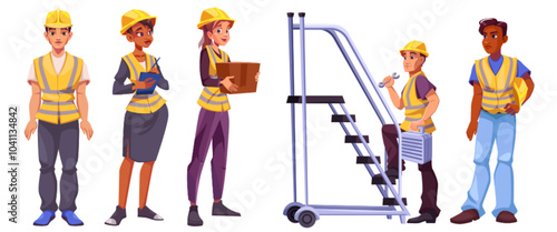 Construction team wearing yellow safety vests and helmets. Cartoon vector set of diverse men and women during various tasks - holding clipboard, carrying box, working with tools, holding hard hat.