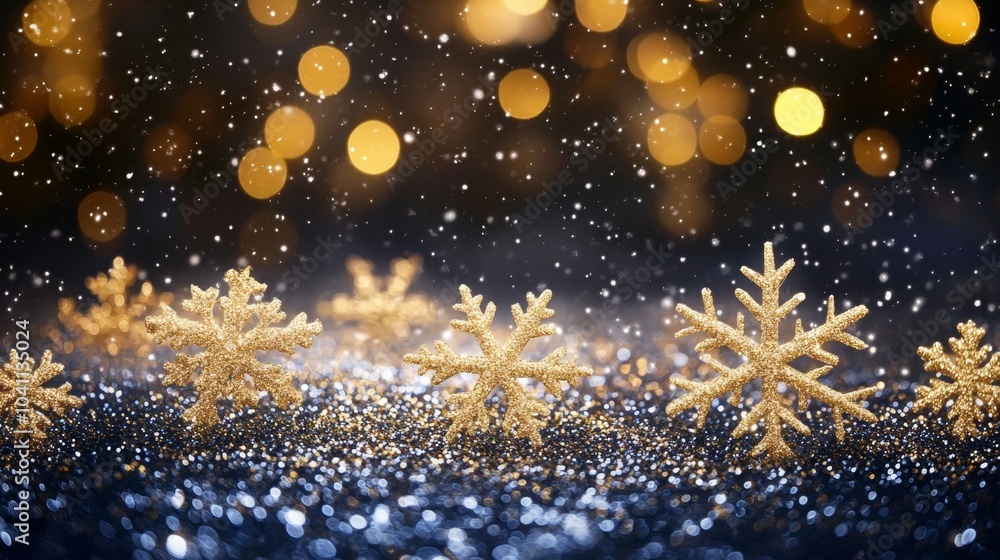 Glittering Winter Backdrop with Gold Snowflakes Glittering Winter Backdrop with Gold Snowflakes