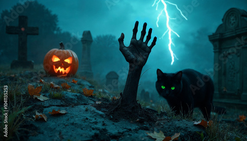 A close-up of a zombie hand, decayed and skeletal, rising out of an old, cracked grave in a graveyard filled with fog. In the background, there is a glowing jack-o'-lantern