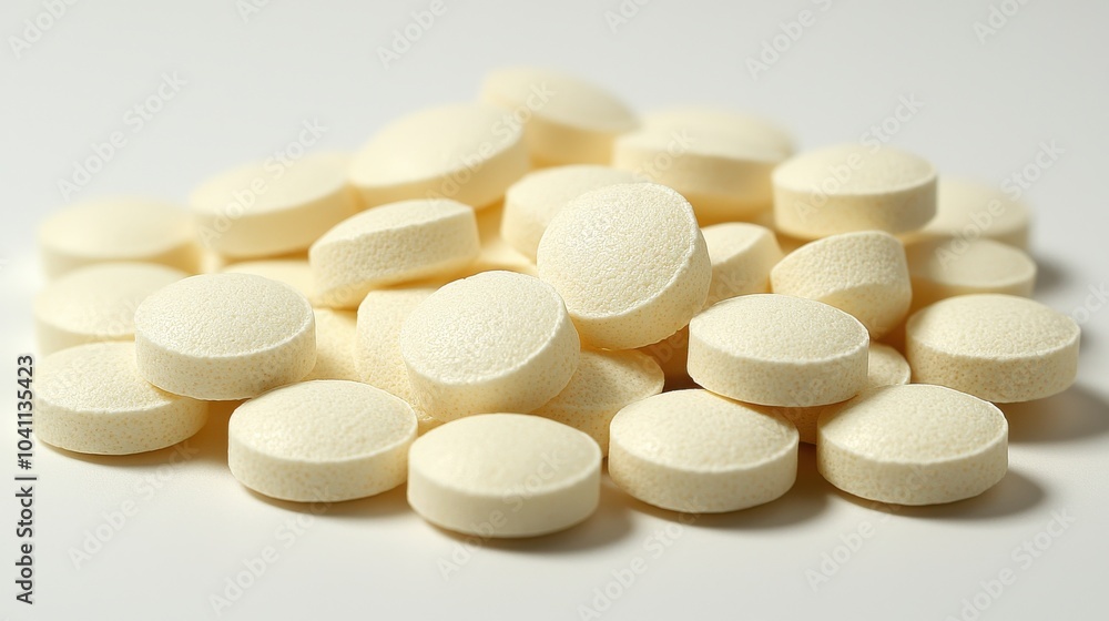 A collection of white round tablets scattered on a smooth surface against a light background A collection of white round tablets scattered on a smooth surface against a light background