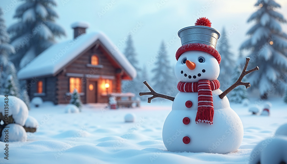 Fototapeta premium A jolly snowman wearing a gleaming silver bucket as a hat, surrounded by thick layers of fluffy white snow, snowflakes drifting down