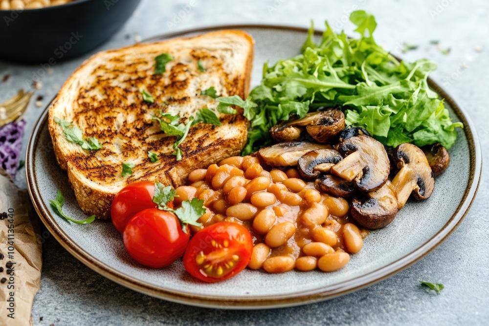 A simple meal consisting of beans, mushrooms, and toast served on a table A simple meal consisting of beans, mushrooms, and toast served on a table