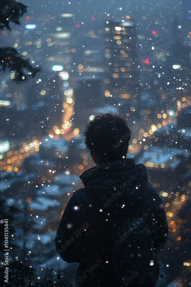 Naklejka premium Silhouette of a Person in a Snowstorm with City Lights in the Background